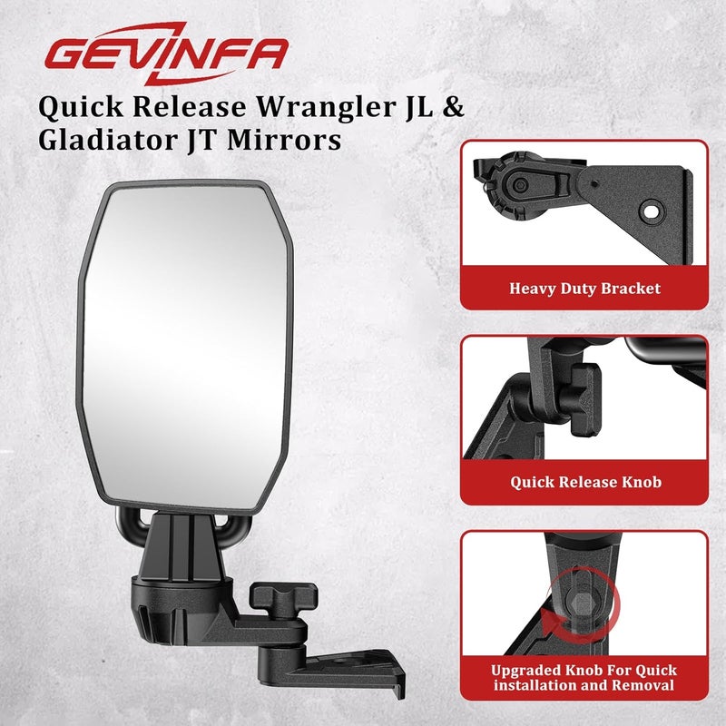GEVINFA Mirrors Doors Off Compatible with Jeep Wrangler JL and Gladiator JT 2018-2026, 2026 New Launch Quick Release wrangler JL Mirrors No Wobble & Quick Removal Knob (Patented) - Image 2
